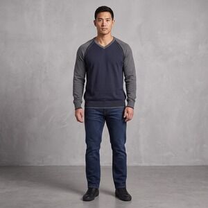 Sebastian Cooper Mens XL Blue Grey V-Neck Sweater Cotton Raglan Colorblock Knit